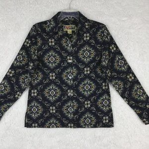 La Cabana Womens Shirt Button Down Polyester Paisley Print Navy Long‎ Sleeve S